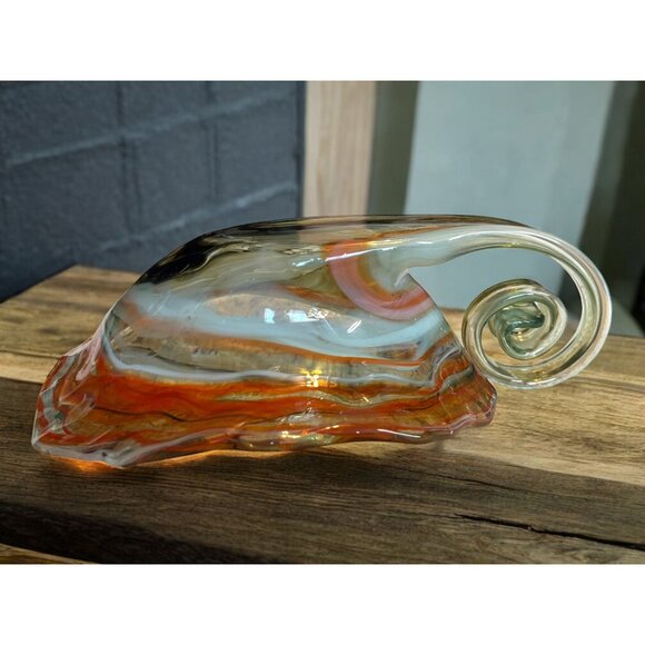 Vtg Slag Art Glass Cornucopia Vase Spiral Curled Handle Unsigned Orange MCM - Picture 13 of 15